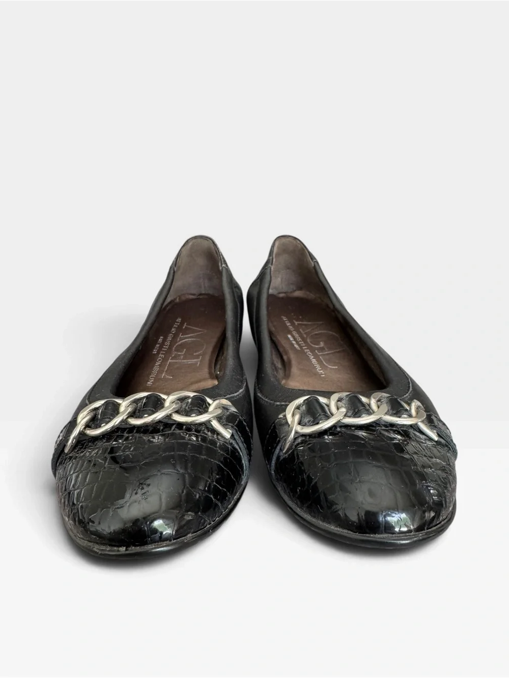 AGL Attilio Giusti Leombruni Black Leather Ballet Flats Size 36 Italy Chain Croc